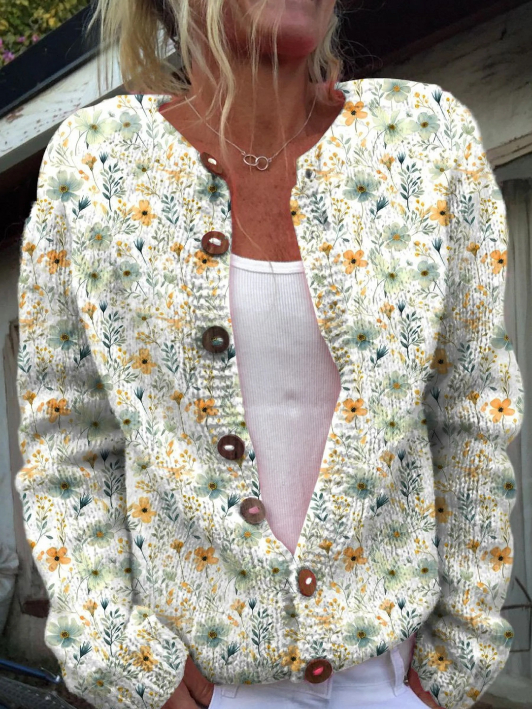 Watercolor French Rose Repeat Pattern Print Buttoned Cardigan Sweater My Store