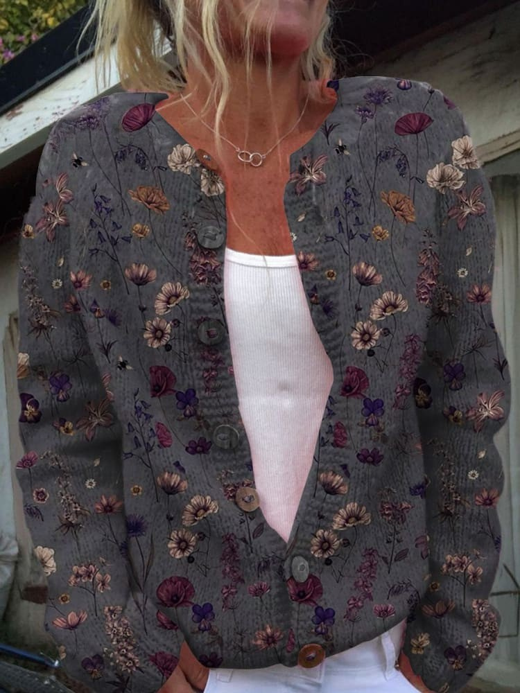 Floral Art Print Buttoned Cardigan Sweater My Store