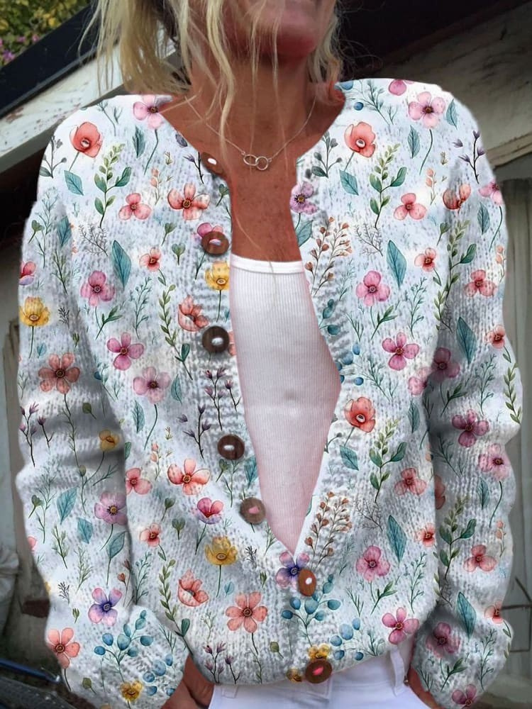 Vintage Flower Art Print Buttoned Cardigan Sweater My Store