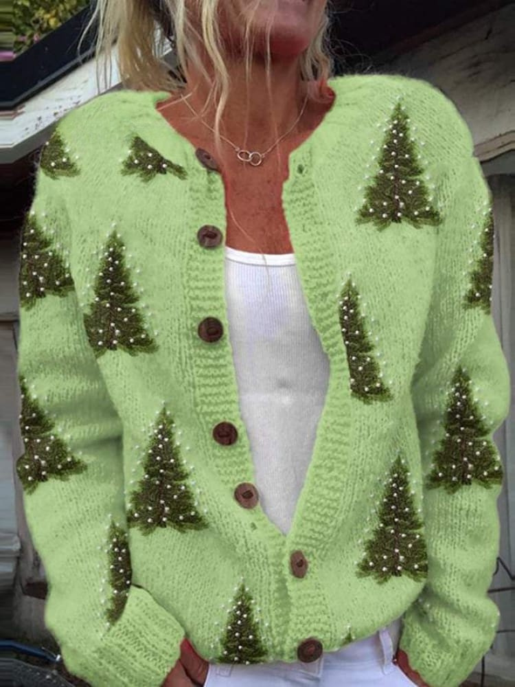 Women's Lovely Christmas Tree Art Print Buttoned Cardigan Sweater My Store