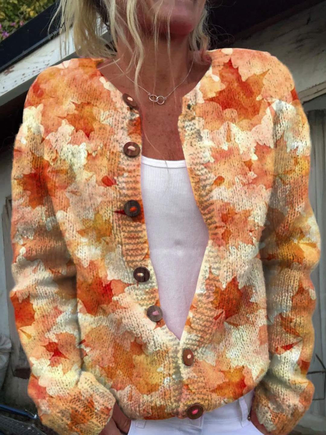 Maple Leaf Autumn Art Print Buttoned Cardigan Sweater Emma & Rose Vancouver