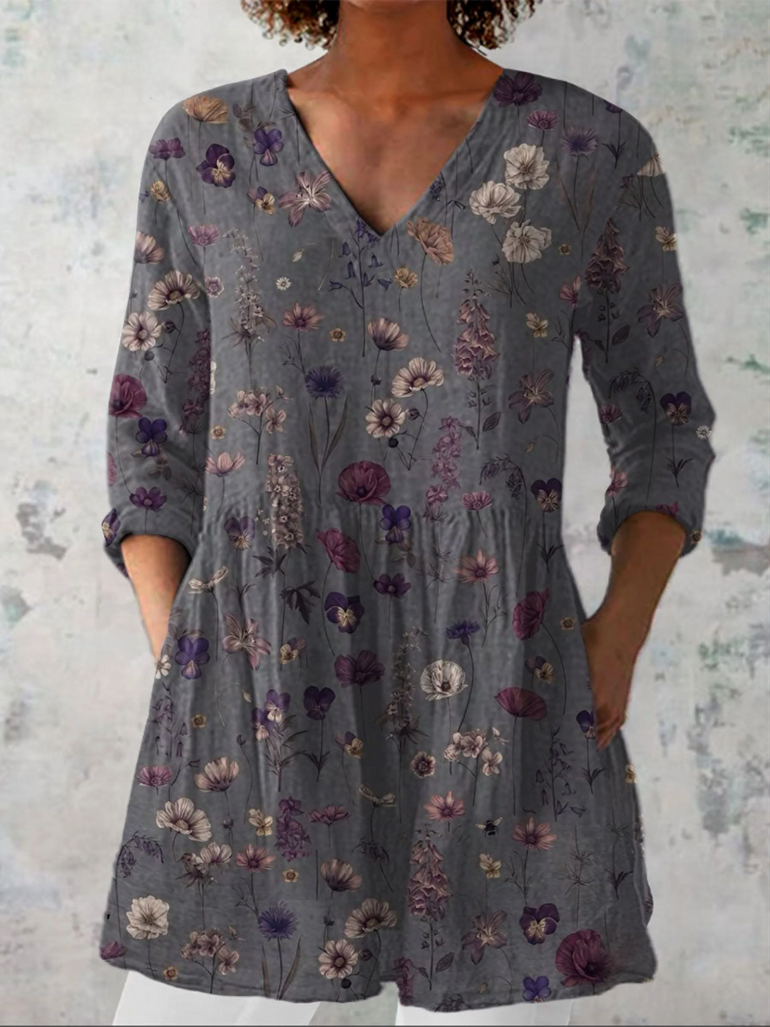 Women's  Flowers Art  Print Casual Linen V-neck Tunic Emma & Rose Vancouver