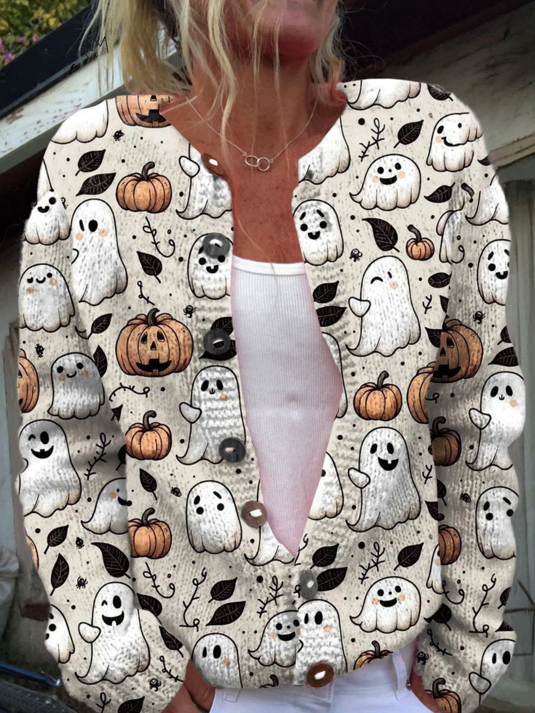 Funny Ghost Halloween  Art Print  Buttoned Cardigan Sweater Emma & Rose Vancouver