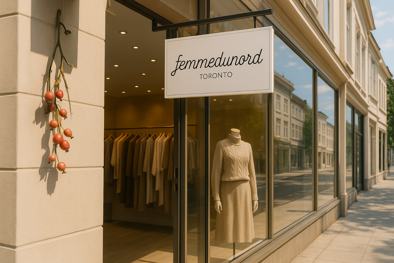 Storefront with 'femmedunord' sign and clothing display