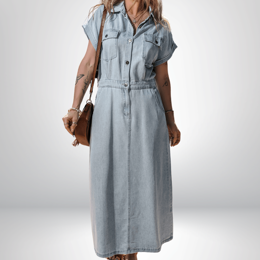 Isabelle - Denimklänning med eleganta, korta fladdermusärmar Anna & Maja