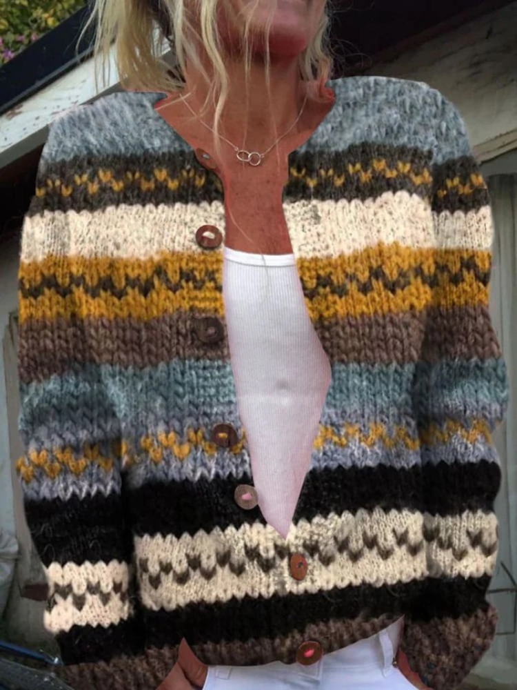 Striped Colour Block Print Buttoned Cardigan Sweater My Store